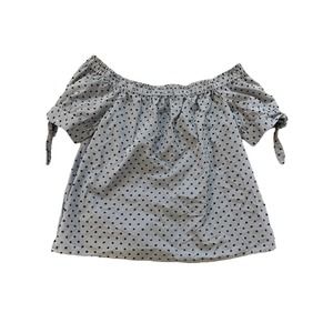 CeCe Navy Blue Gingham Embellished Off the Shoulder Top XL